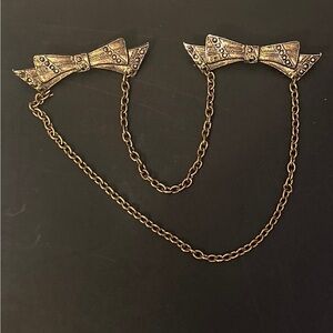 Vintage Gold Tone Double Bow Sweater Pin Guard Clear Crystal Rhinestones